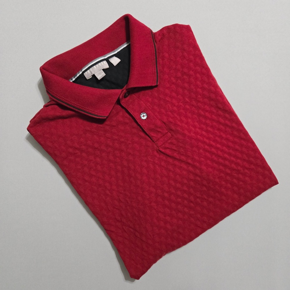 Ted Baker Polo Shirt Men XL Burgundy Textured Diamond Knit Cotton Short Sleeve